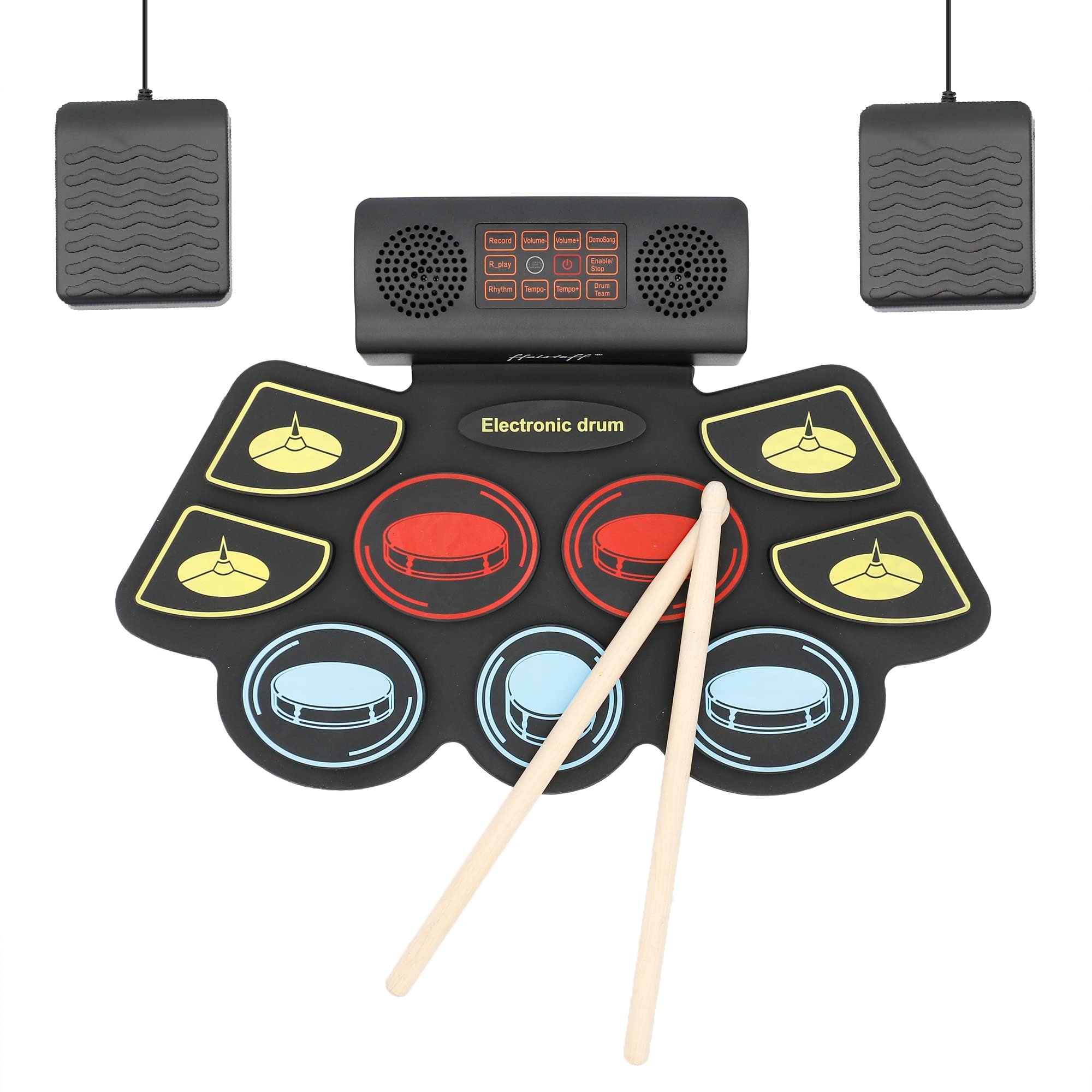 ffalstaff Pad Batteria Elettronica Ricaricabile Completo di Bluetooth - Stereo Portatile con 9 Pad, 2 Pedali e Bacchette - Ideale per un Primo Approccio allo Strumento