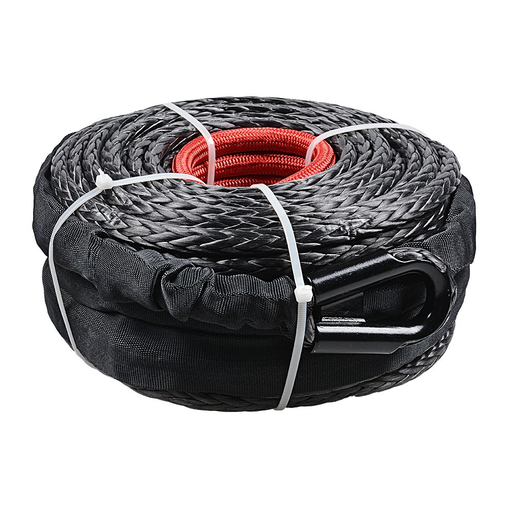 amopacorp 95 ft x 3/8 inch Synthetic Winch Rope with Flip-Up Hawse Fairlead Mounted License Plate Holder and Anodized Blue 10