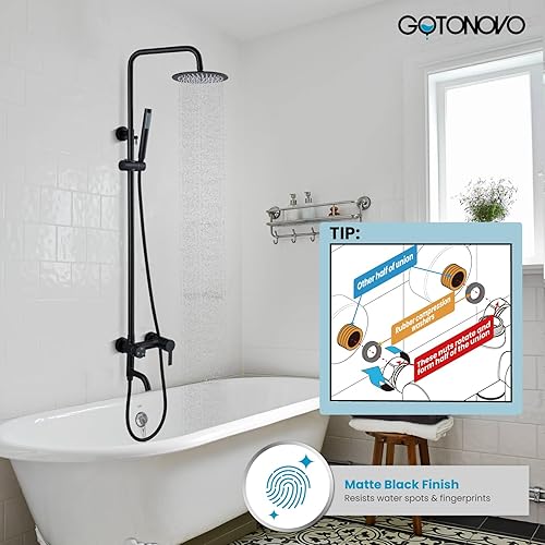 Miniatura 4 de gotonovo Juego de sistema de ducha con rociador de mano y boquilla de bañera, mango cilíndrico negro mate de 8 pulgadas, cabezal de ducha de lluvia