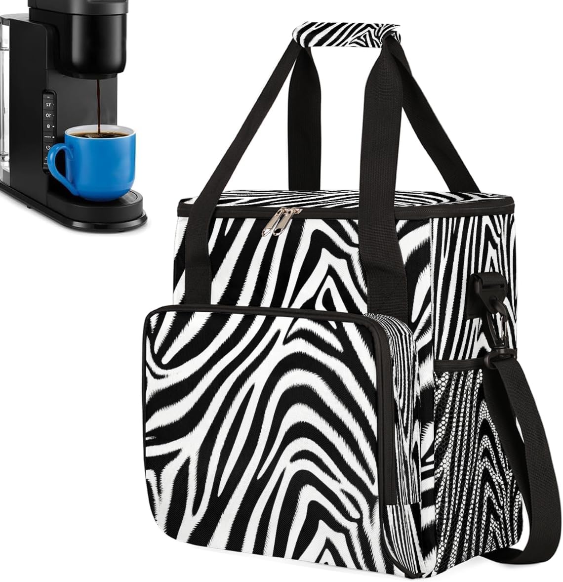 Zebra Stripes Portable Coffee Maker Carrying Bag Compatible with Keurig K-Mini or K-Mini Plus - Travel Storage Tote with K-Cup Pod Pockets for Single Serve Coffee Brewer