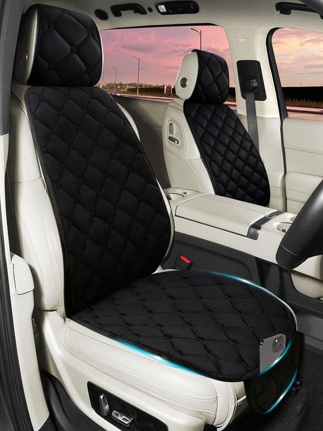 2 Pack Car Seat Covers with Storage Pocket & Pillow Cushion Front Seat Protector Front Seat Covers Breathable Soft Felt Cotton Non-Slip Auto Seat Cover Universal Fit for Most Car Truck SUV Van Black