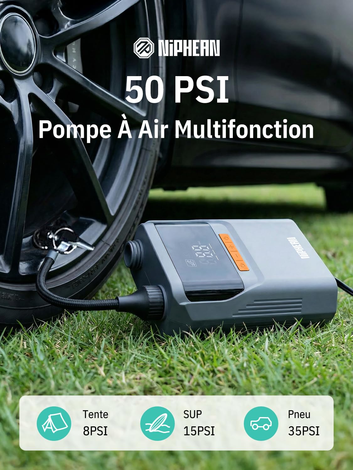 Niphean Gonfleur Electrique avec Batterie Intégrée, Gonfleur Pneus Voiture 50 PSI pour Pneus, Sup et Matelas, Pompe Electrique Portable avec Arrêt Automatique, Fonction Gonflage et Dégonflage