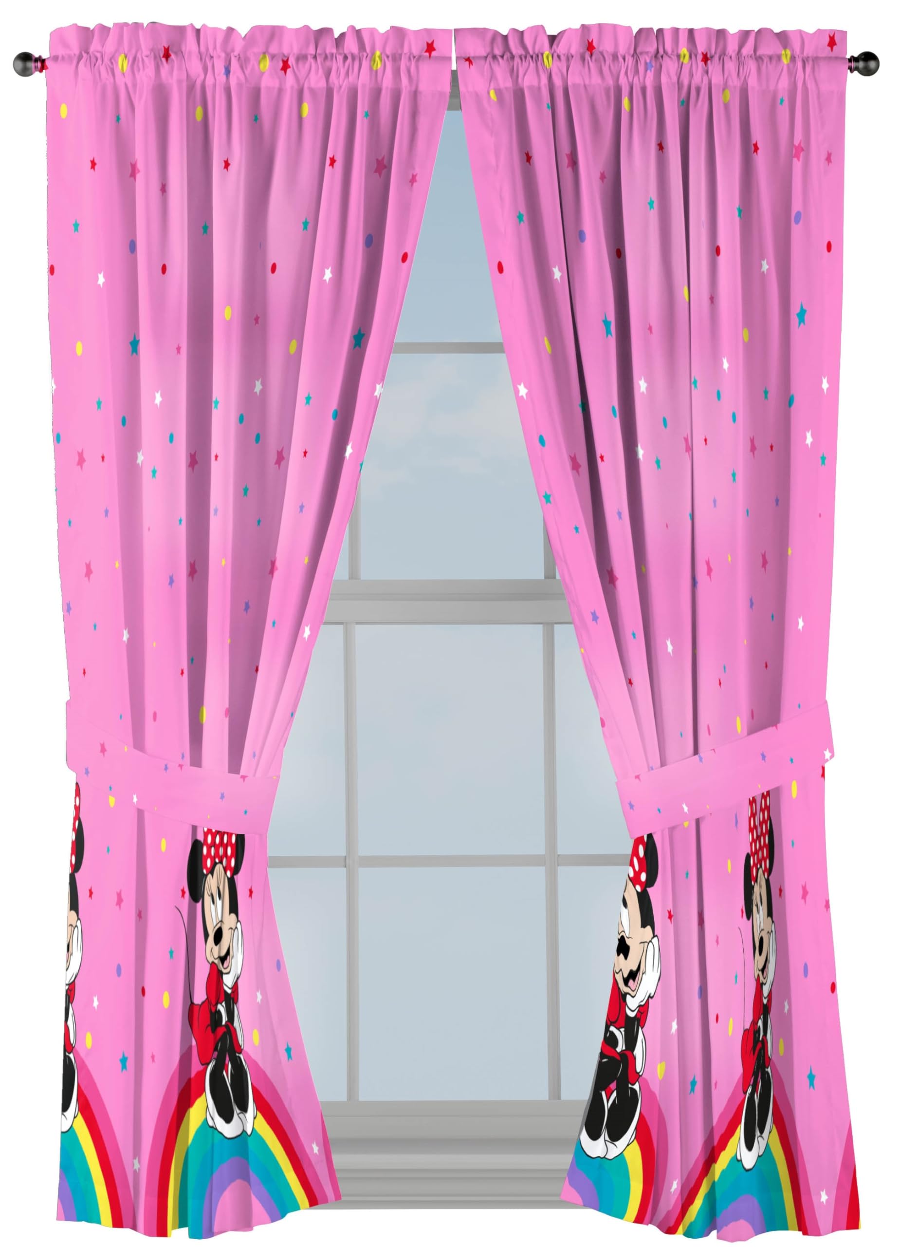 Sunny Side Up Window Curtains for Kids Bedroom 4-Piece Drape Set with 2 Tiebacks, Pink - Minnie Mouse, 42" W x 63" L (Pack of 2)