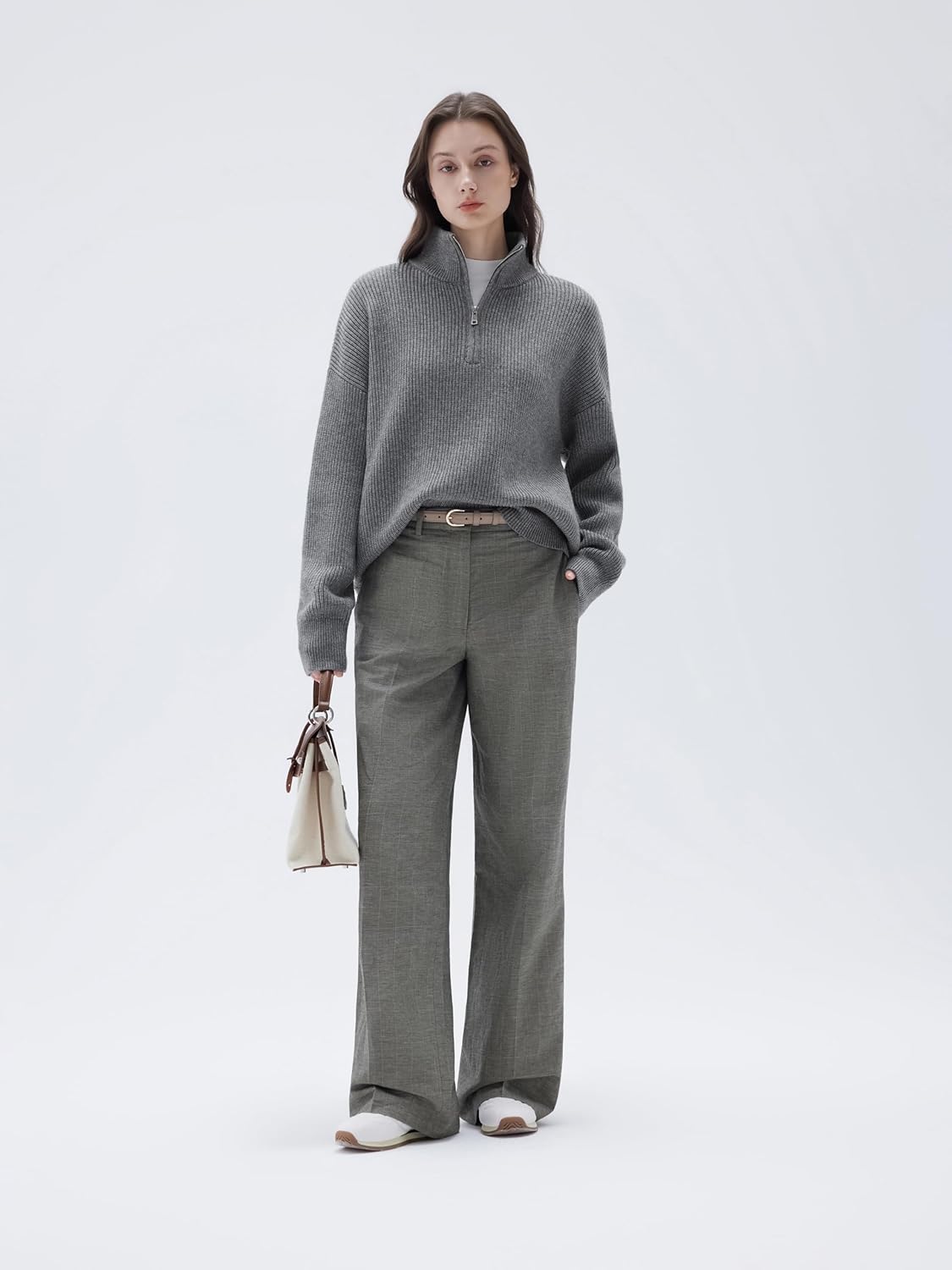 SUUKSESS Women Cashmere Blend Oversized Quarter Zip Pullover Sweater Long Sleeve Collared Ribbed Knit Jumper Tops - Image 7