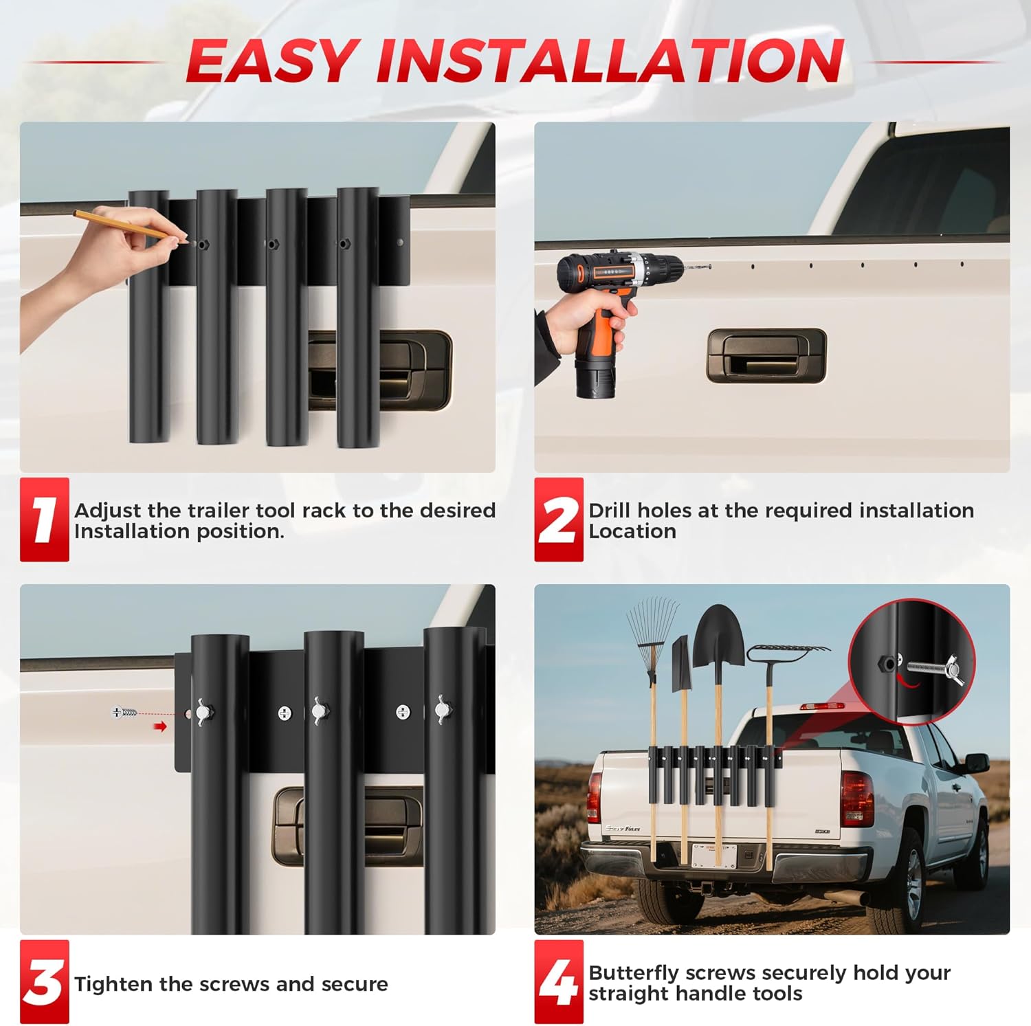 Shovel Holder for Truck, 8-Holes in 2 Grouped Metal Truck Shovel Mount /Rack, Heavy Duty Trailer Tool Rack for Rakes, Hoes, Trimmers, Lawn & Landscape Hand Tools (Bed/Box Mount Upgrade)