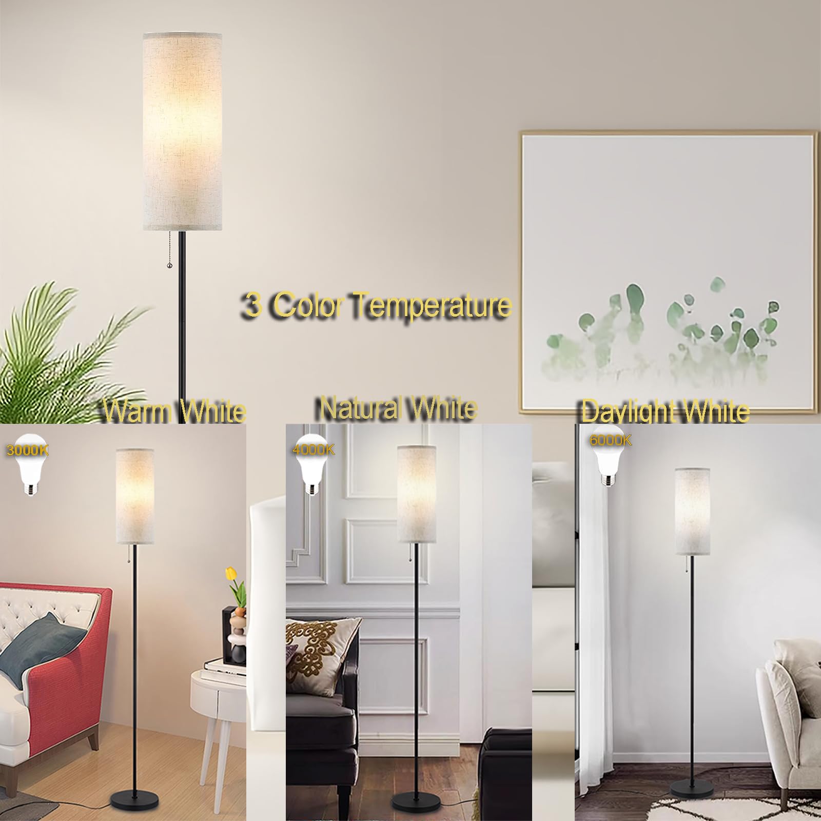 Lámpara de pie para sala de estar, lámparas de pie modernas con pantalla, lámpara alta minimalista con interruptor de cadena para sala de estar, bombilla LED incluida (pantalla beige) 4