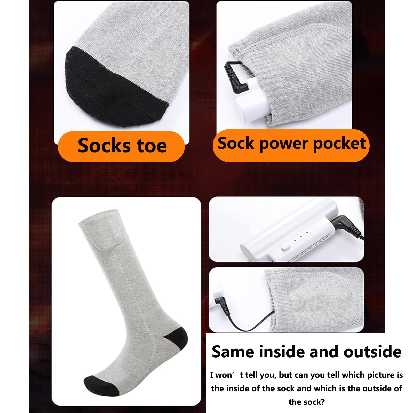 Chaussettes chauffantes pour Hommes et Femmes avec télécommande APP et 5000 mAh jusqu'à 10 Heures Chaussettes de Ski chauffantes Rechargeables 3 Niveaux de température C blackgray