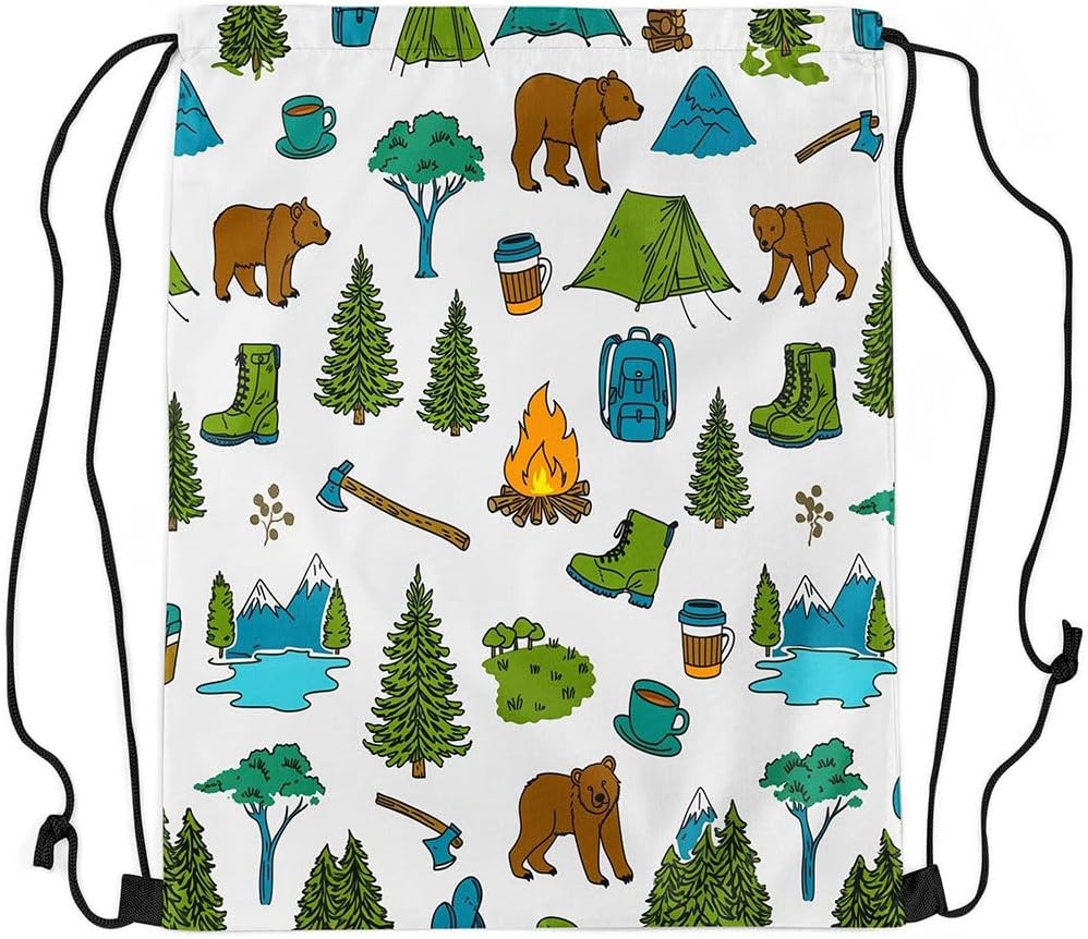 Manfei Cartoon Camping Adventure Drawstring Bag Outdoor Themed Drawstring Backpack Women Men Bear Fresh Tree Water Resistant Bedroom Room Decor for Sport Gym Swim Yoga Camp 3