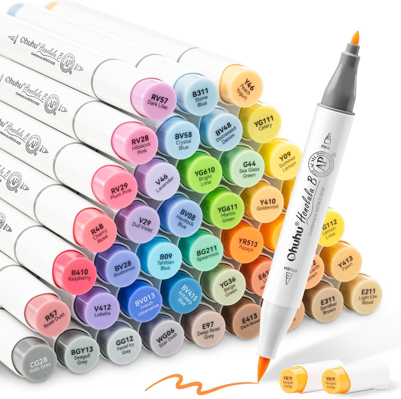 Ohuhu Markers Brush Tip: 48 Mid-tone Colors Alcohol Markers Daul Tip Alcohol Based Art Marker Set for Artist Adults Coloring Sketch Illustration - Brush & Fine- Honolulu B