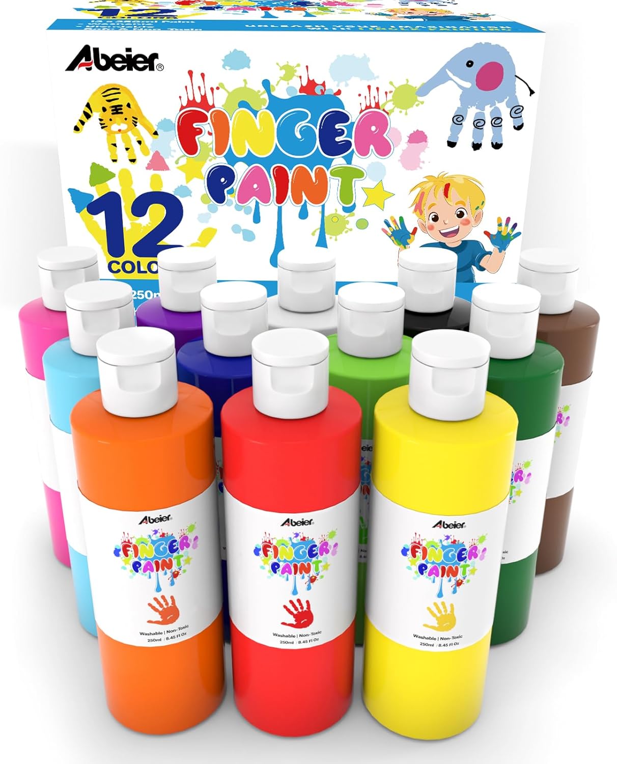 ABEIER Washable Finger Paint Bulk Pack for Toddlers, Safe Non-Toxic, 12 Vibrant Colors (8.45 Fl oz), Baby Safe Paint for Hand and Feet, Mess Free Art Supplies for Kids, Ages 1-3 4 5 6+
