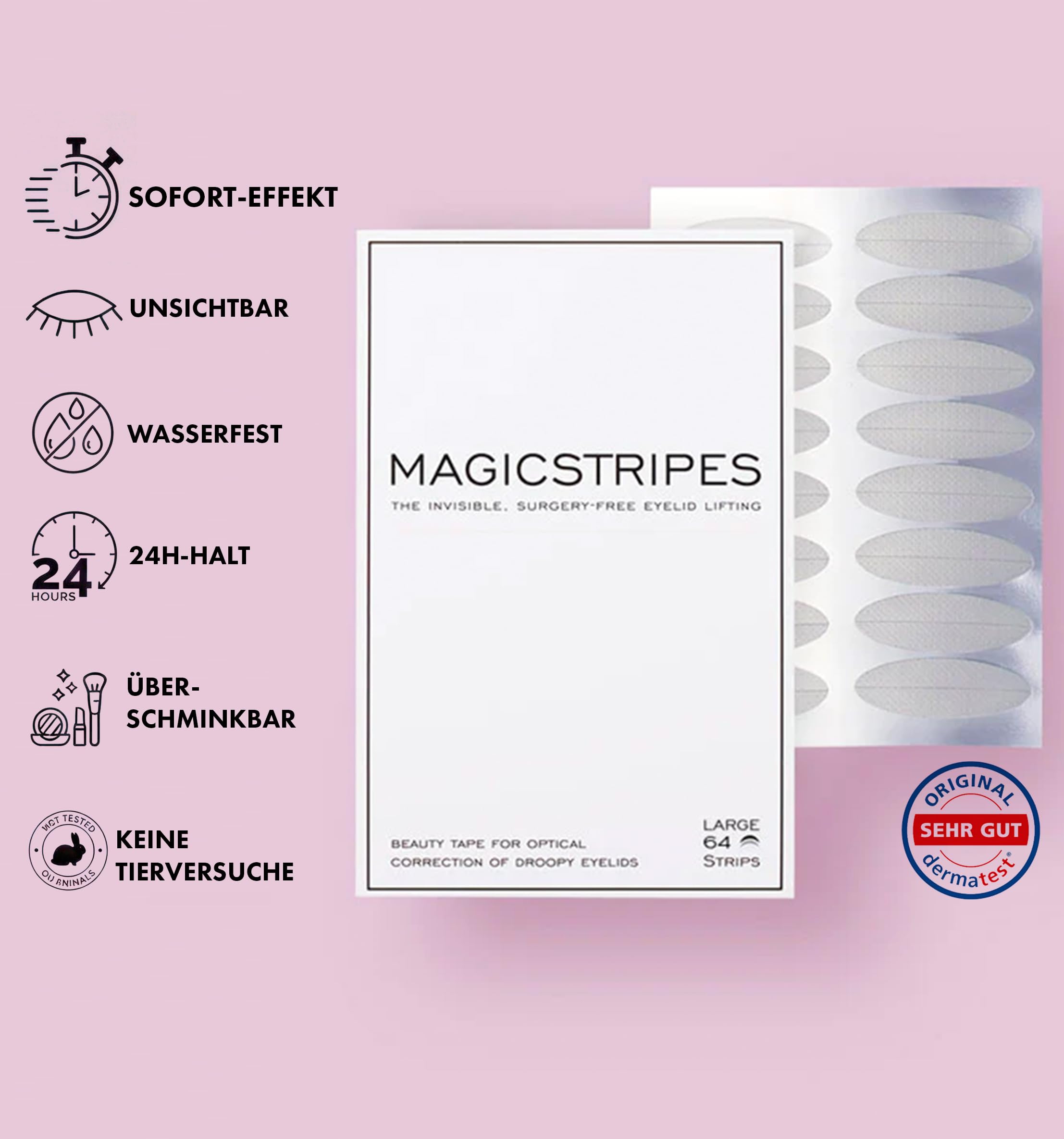 MAGICSTRIPES - Schlupflid Tape Augenlidlift & Lidkorrektur ohne OP, Transparente Augenlid Stripes für intensiven Lift & wachen Blick – 64 Stück (Größe L)