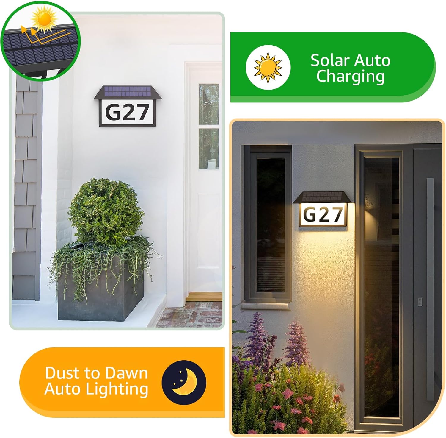 2-Pack Solar Address Sign, Lighted House Numbers Waterproof, 3-Color Lighting Modes LED Illuminated Address Plaque, Wall Mount Number Signs