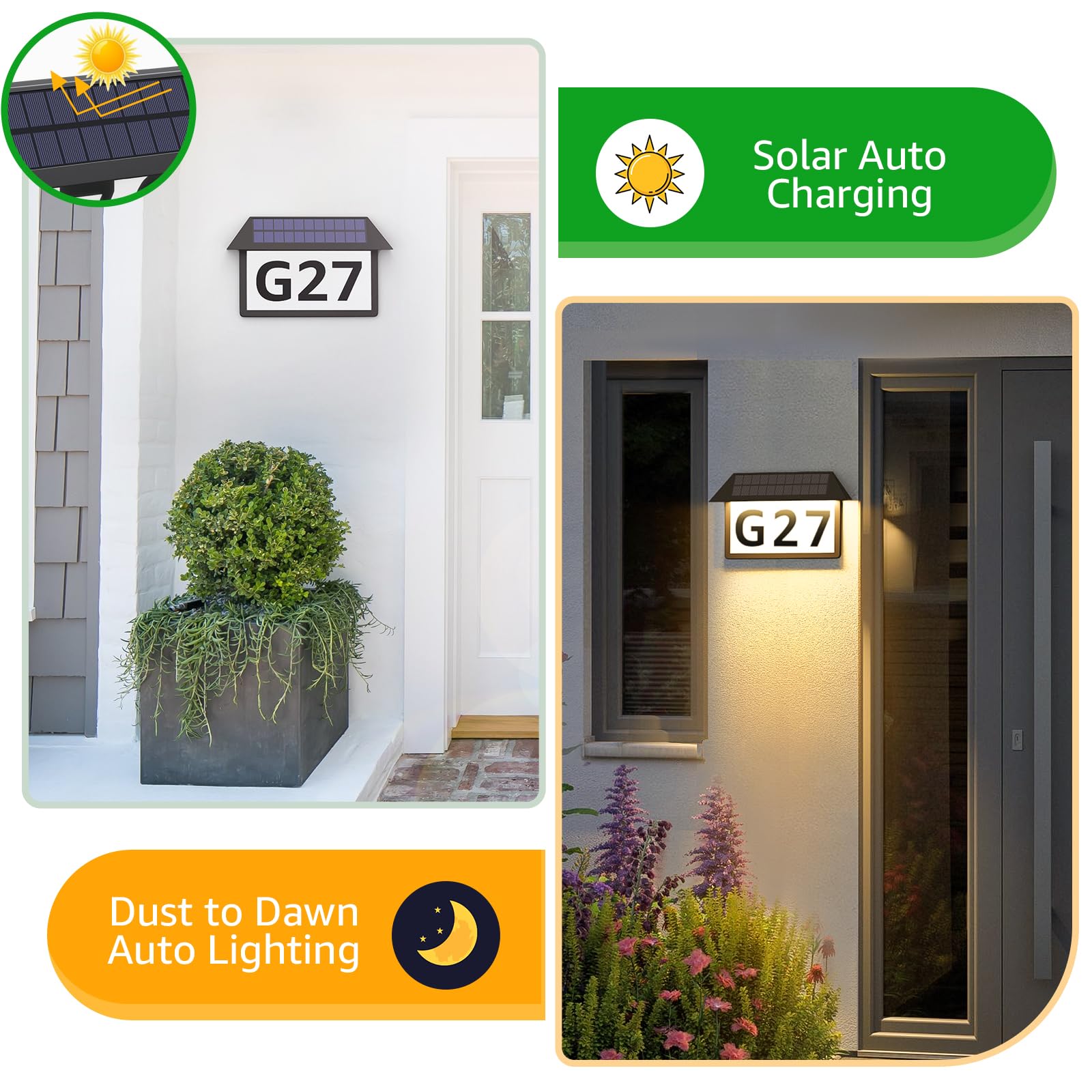 ASOMST Solar-Adressschild, beleuchtete Hausnummern, wasserdicht, 3 Farb-Beleuchtungsmodi, LED-beleuchtetes Adressschild, Wandmontage, Adressnummer, 2 Stück