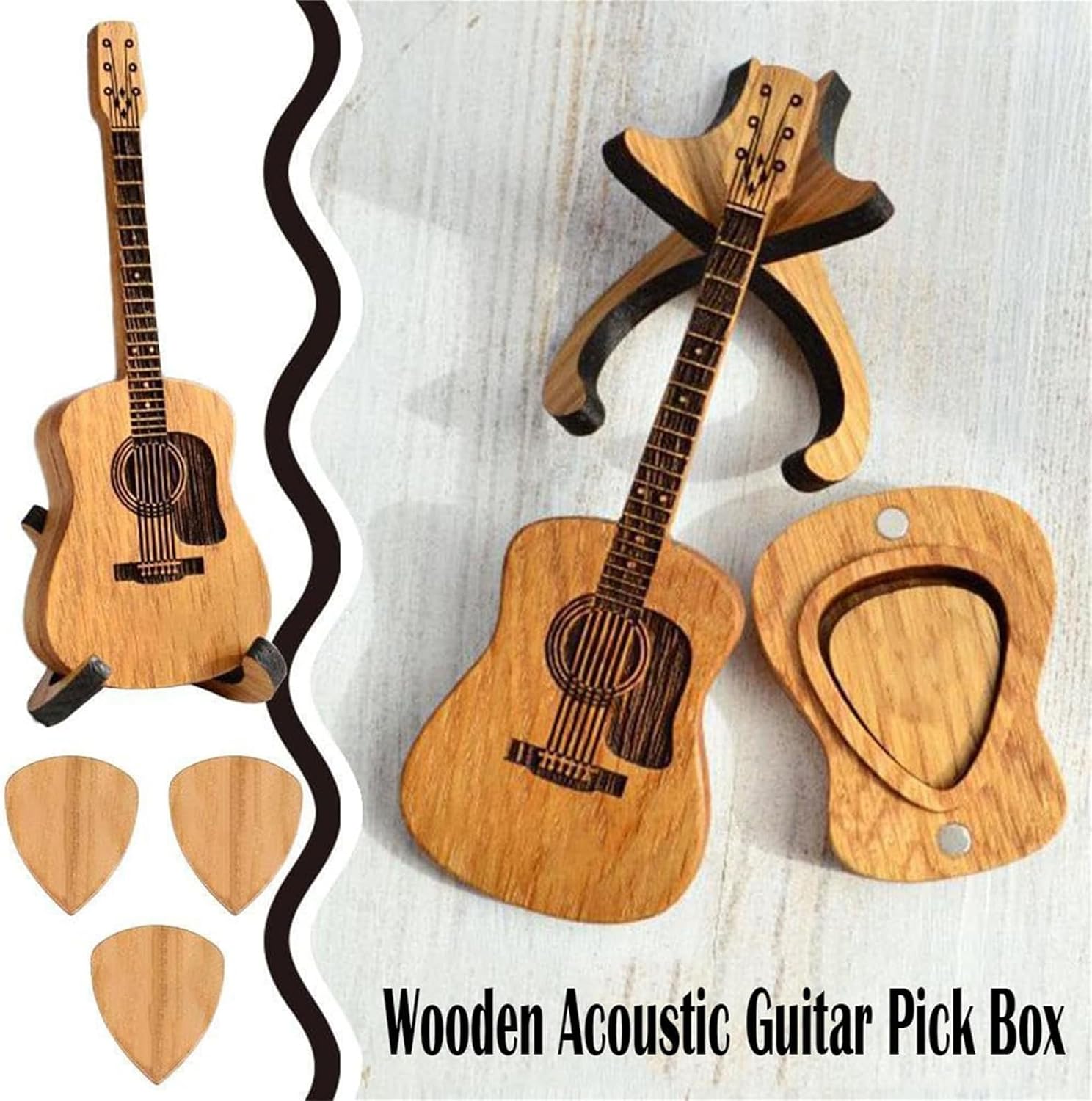 Wooden Acoustic Guitar Pick Box - Holds 3 Picks, Remarkdo Guitar Pick Holder, Previousin Mini Storage Box, Musician Engraved Wooden Plectrum Case, For Electric Bass Guitar Ukulele Lover (1Set)