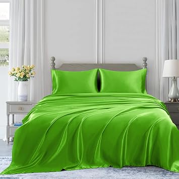 100% Mulberry Silk Sheet Set - 22 Momme Grade 6A, 21 Inch Deep Pocket, Indulgent Sheets for Dreamlike Comfort,Queen-Fruit Green