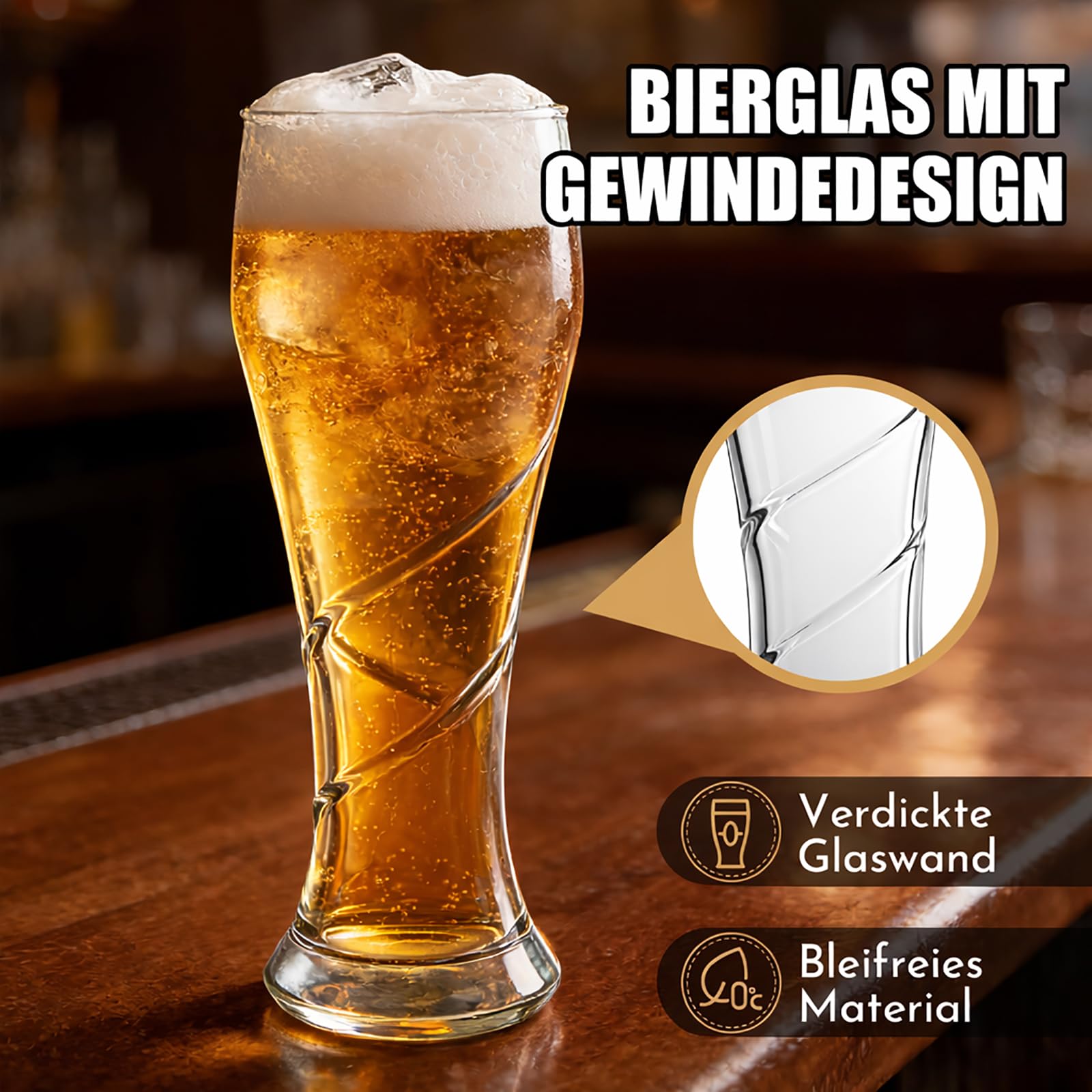 Lot de 6 verres à bière de 400 ml en verre sans plomb – Verre à bière spirale transparent, design antidérapant, passe au lave-vaisselle, résistant à la chaleur et au froid