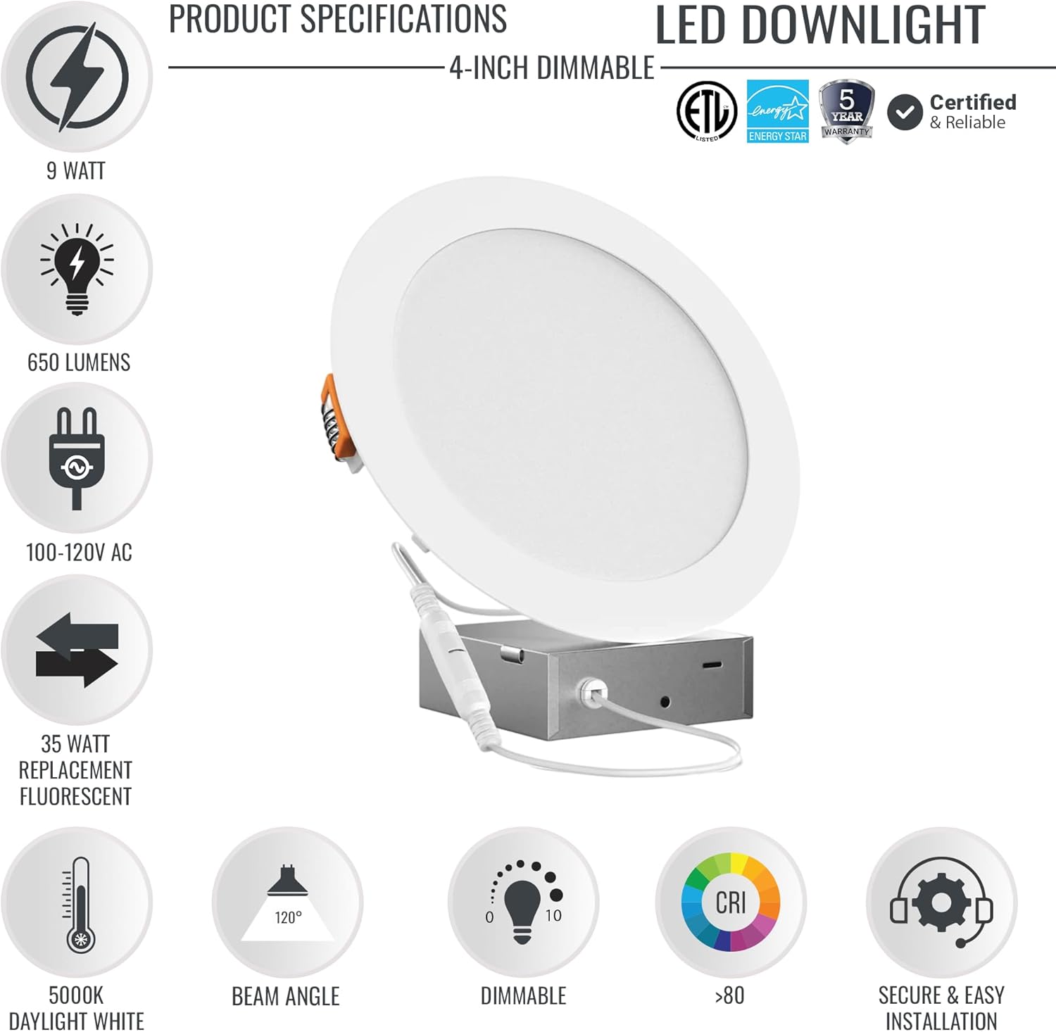 LEDMyplace 4-inch 9W Round Dimmable Retrofit LED Recessed Downlight with Junction Box, Pack of 4, 5000K Daylight White, 650 Lumens, Replace 35W, Can Lights, Indoor Ceiling Lighting for Home, Office