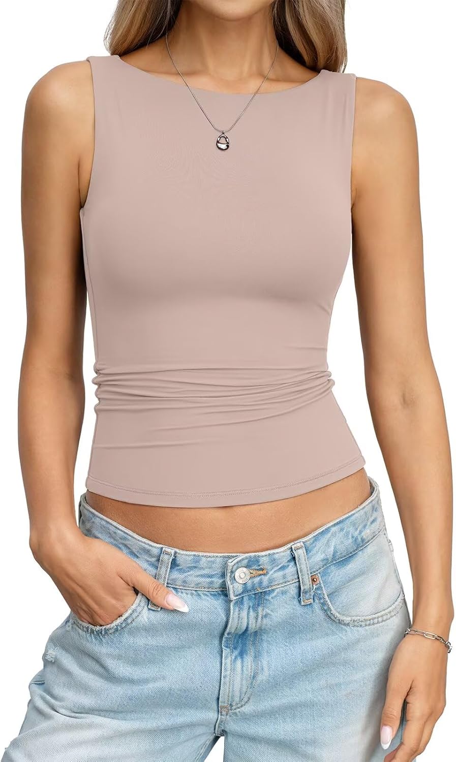 Womens Double Lined Backless Crop Tank Tops Fitted Boat Neck Top Summer Sleeveless Going Out Cropped T Shirts - Image 2