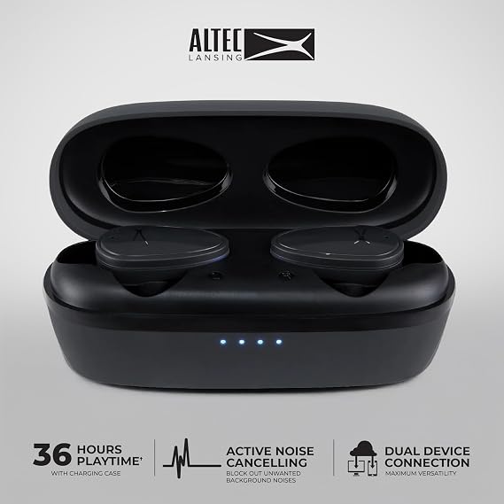 Altec Lansing Nanobuds ANC 2.0, Bluetooth Earbuds with Hybrid ANC, Waterproof Earbuds, Wireless Ear Buds with Voice Assistant, Sport Earbuds with 36hr Battery (Black)