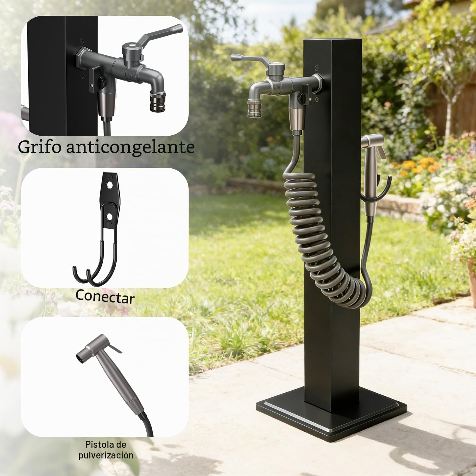 Columna de Agua para Jardin con Grifo, Dos Entradas de Agua, Grifo Exterior Jardin con Soporte Manguera y Pistola Rociadora, Fuente Jardin Exterior para Jardines, Granjas (Grande)