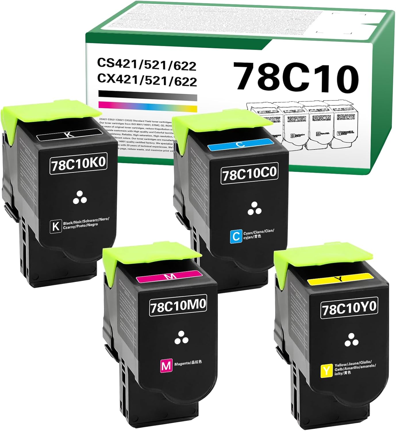 78C10 CS421 CS521 Toner Cartridge Compatible for Lexmark CS421 CS521 CS622 CX522 CX421 CX622 CX625 Printer with 78C10K0 78C10C0 78C10M0 78C10Y0（4 Pack）