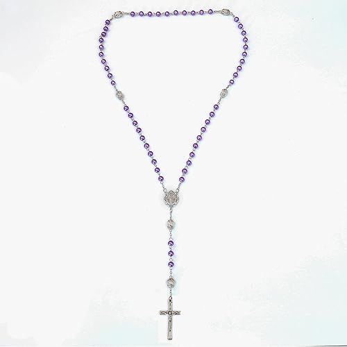 Miniatura 7 de Nazareth Store Collar con cuentas de perlas Rosario blanco Nuestro Padre con cuentas Medalla Lourdes y Crucifijo Crucifijo Devoción Espiritual