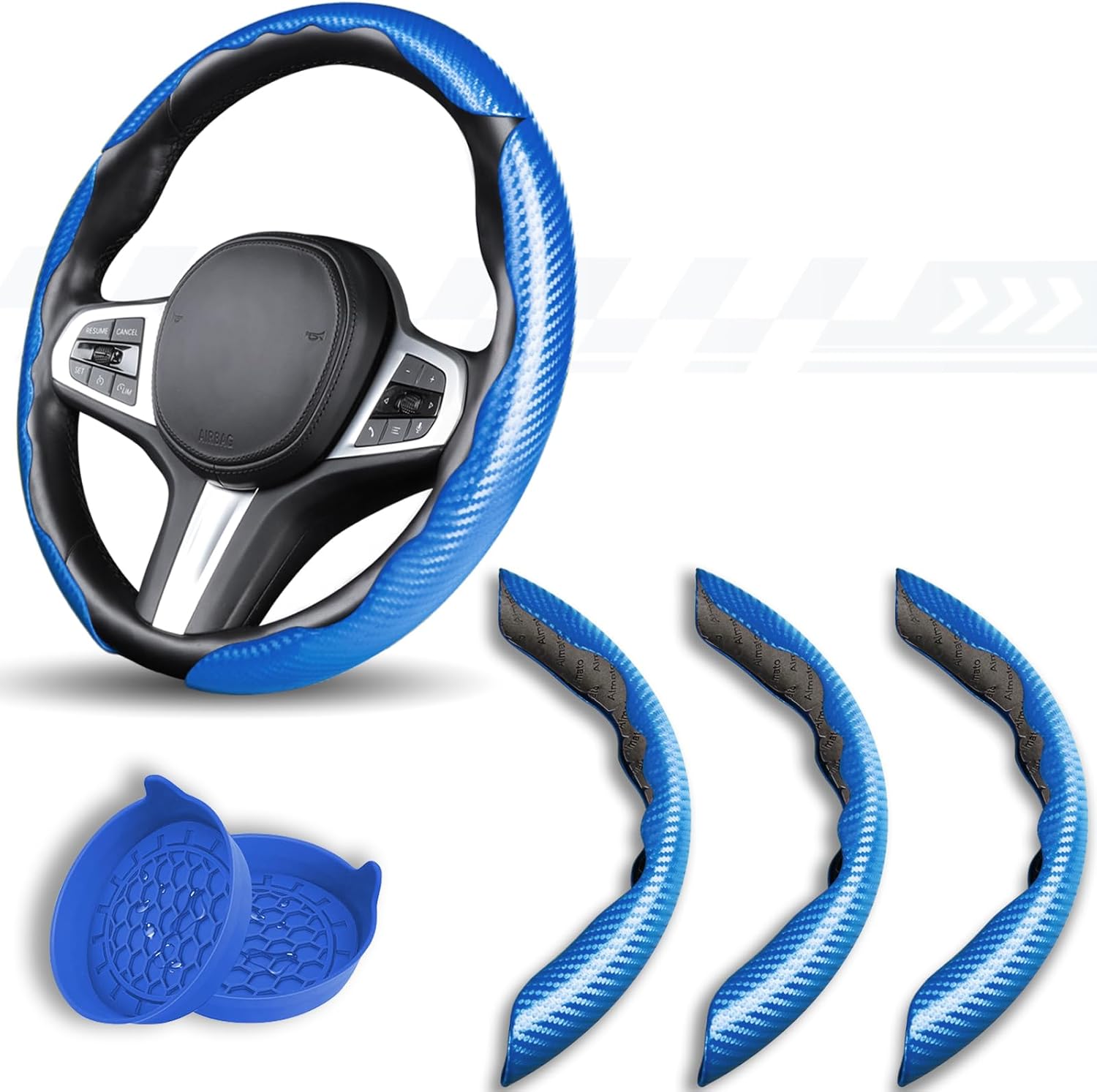 3 Piece Carbon Fiber Steering Wheel Cover,Car Steering Wheel Protector with Non-Slip Lining,Breathable Microfiber Universal for 14.5-15 inch,Blue Blue Standard Size[14"1/2-15"]