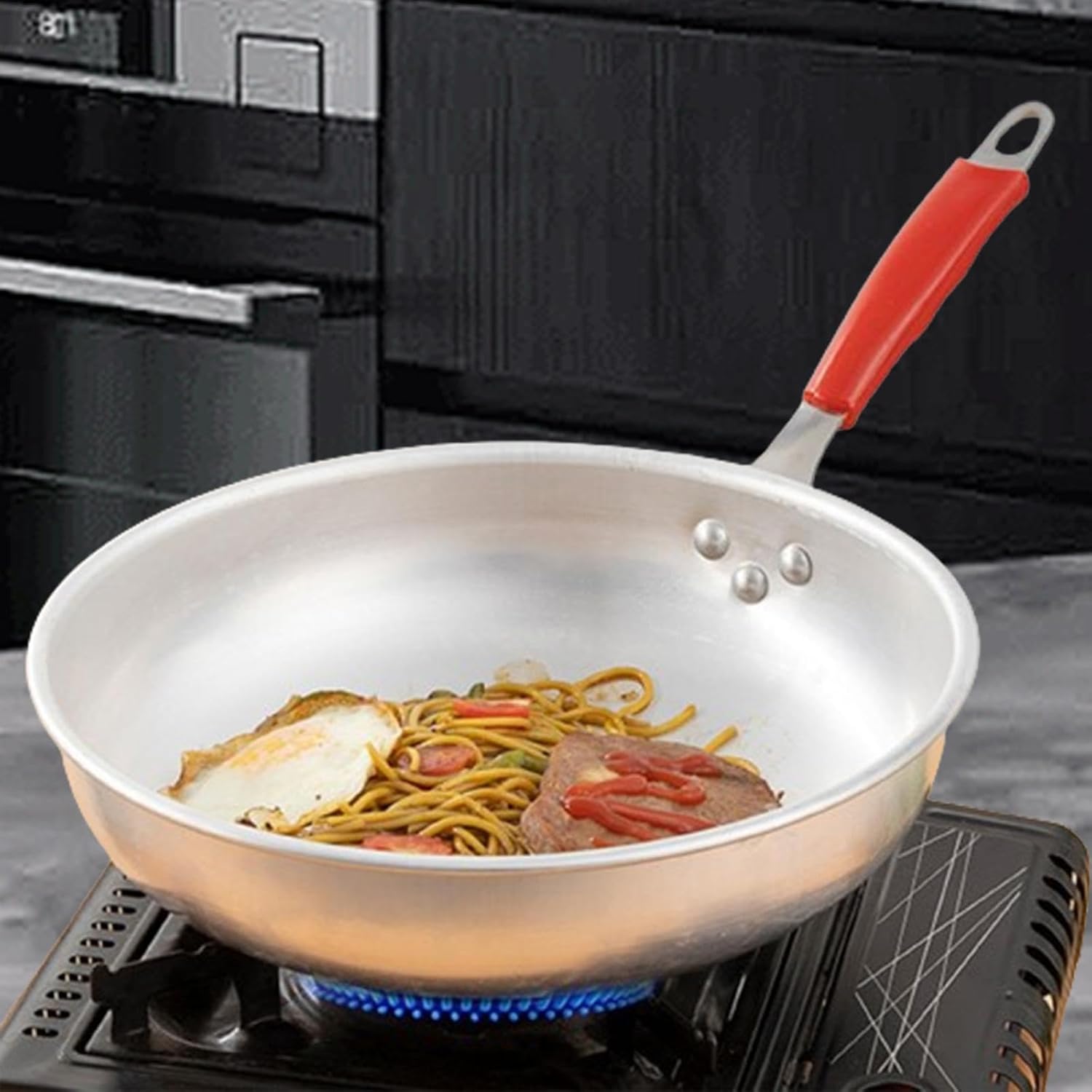 Saute Pan,Fry Pan, Cooking Aluminum Silver Induction Compatible Cookware Thickened Anti Stain Frying Pan Deep Pan, Inner Diameter 30cm ，Inner Diameter 30cm