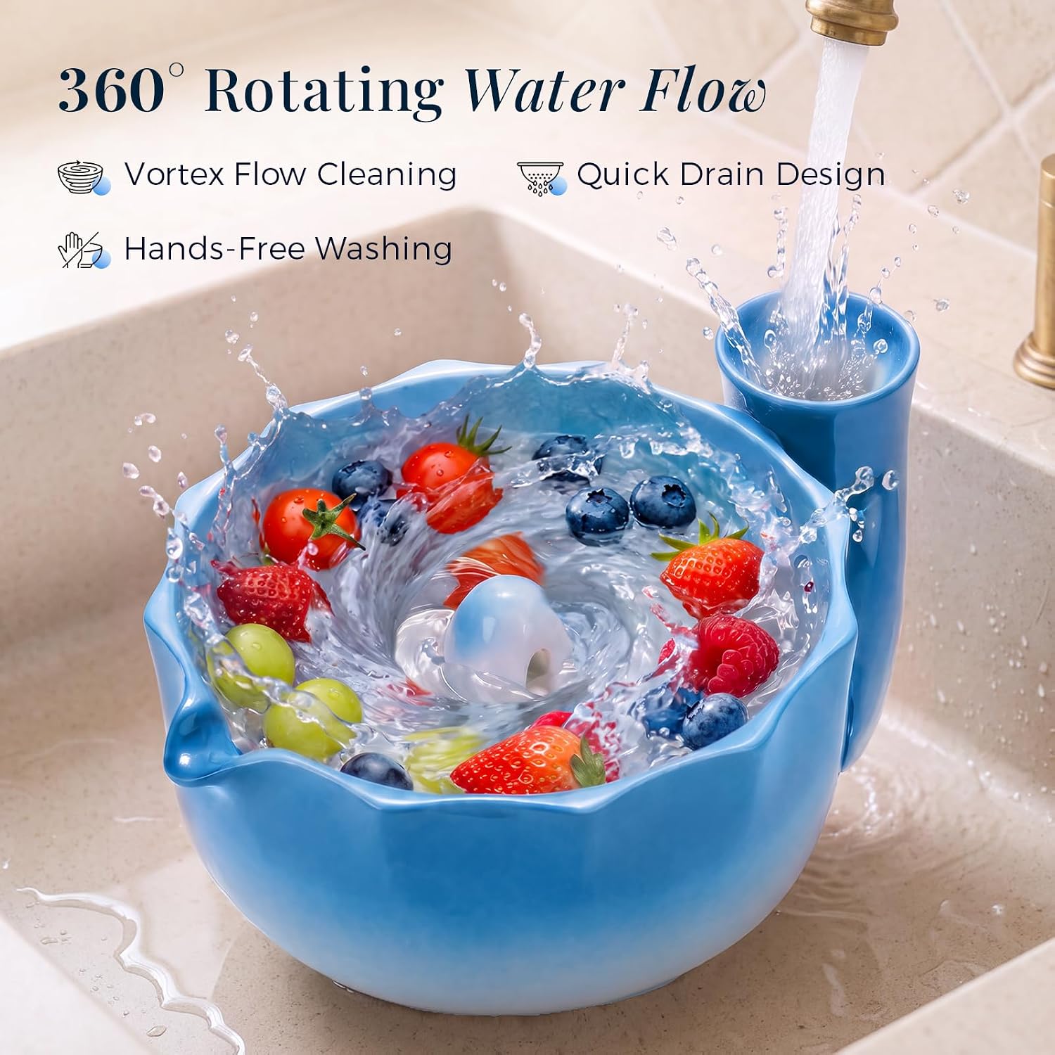 Berry Bowl with Holes Ceramic, Self Spinning Berry Washing Bowl, 4.9 Inch