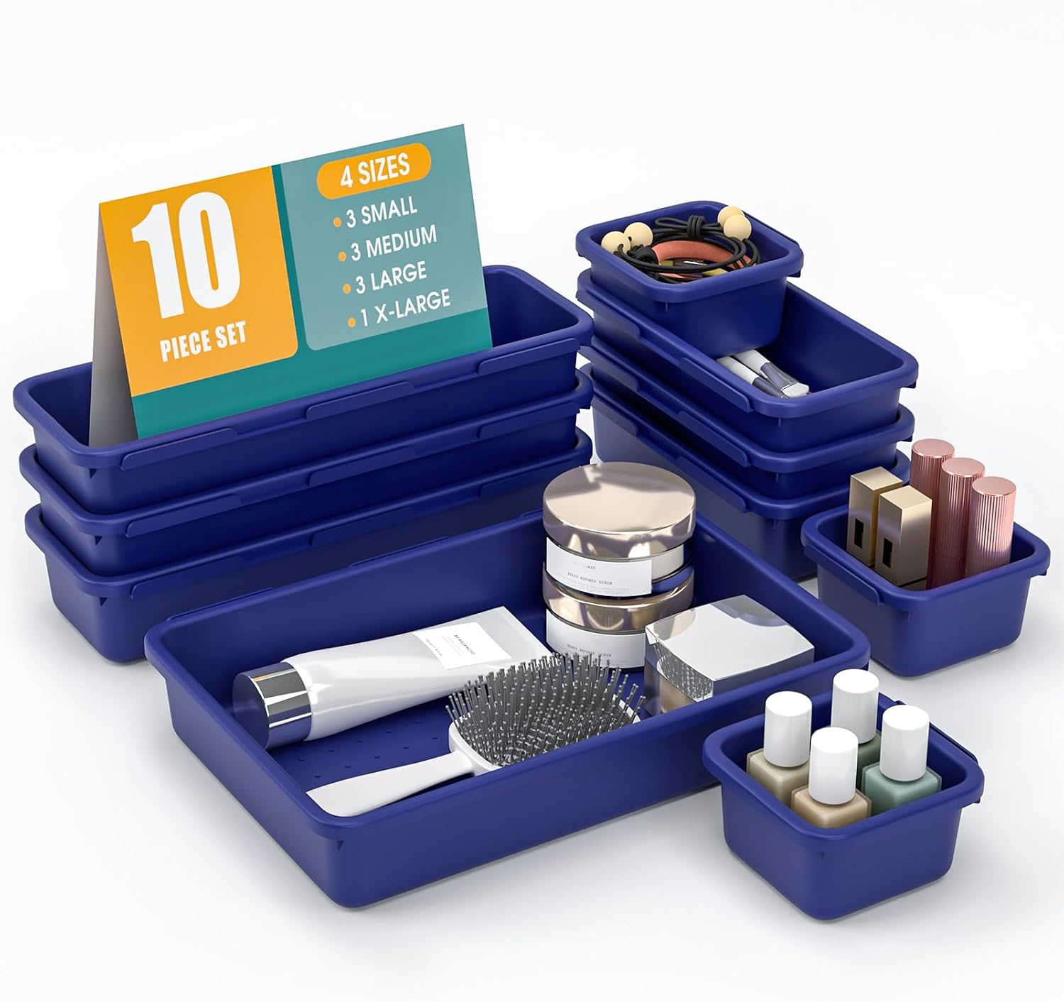 StoreHappily 10 PCS Drawer Organizer Set, 4 Size Makeup Drawer Divider Organizer With Non-Slip Pads, Interlocking Plastic Storage Bins for Office,Jewelry Vanity,Gadgets, Bathroom,Kitchen, Navy