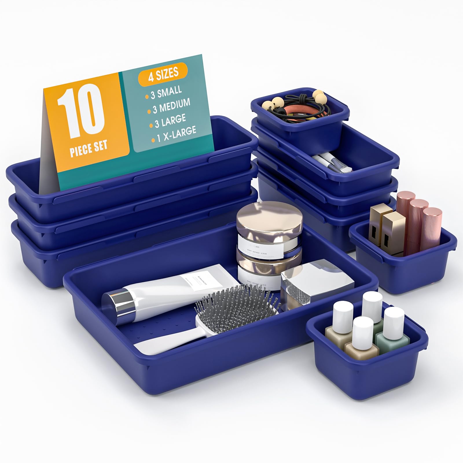 Lot de 10 organiseurs de tiroir de 4 tailles avec coussinets antidérapants, bacs de rangement emboîtables en plastique pour bureau, coiffeuse à bijoux, gadgets, salle de bain, cuisine, bleu marine