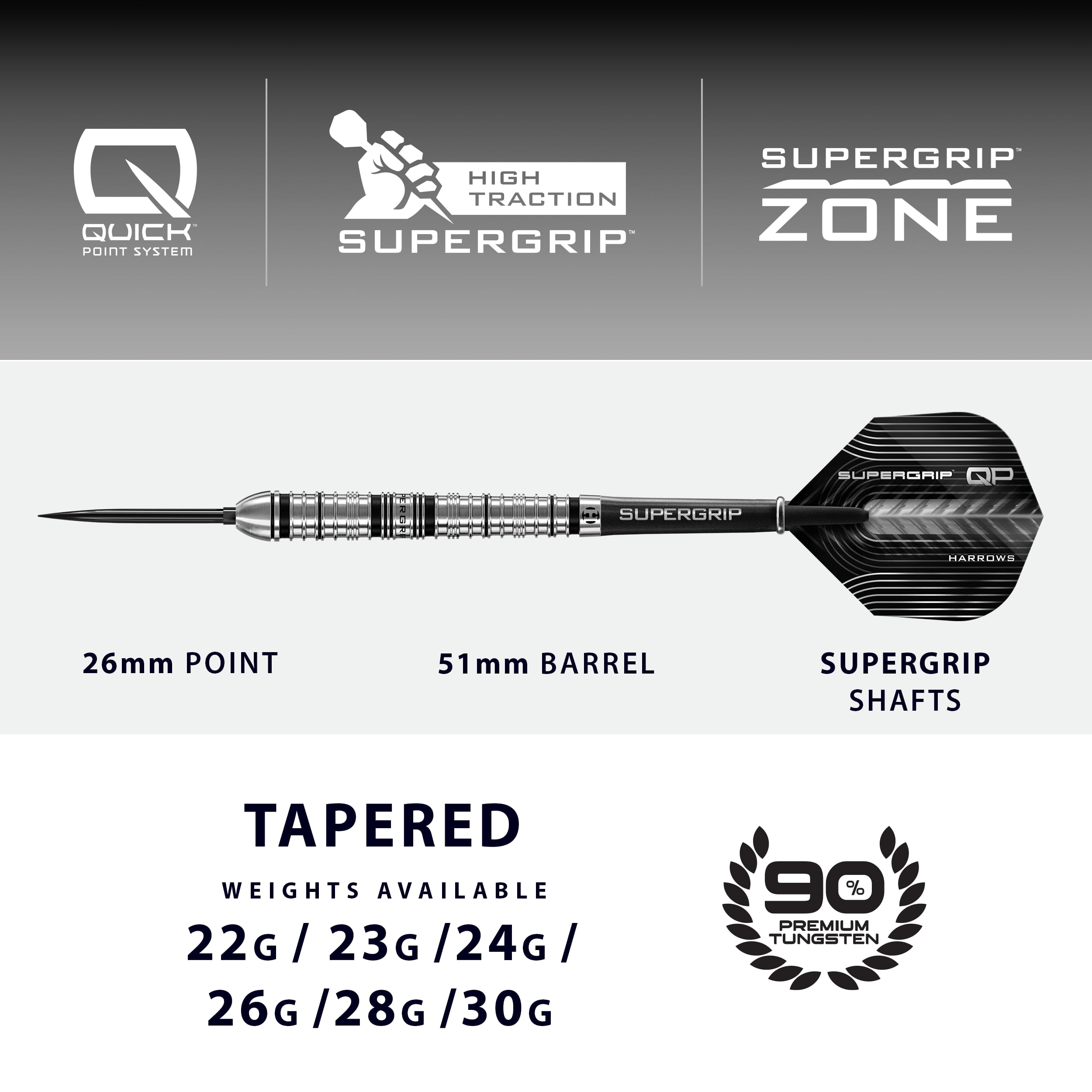 Harrows SuperGrip QP stożkowe rzutek 90% wolframu, zestaw rzutek ze stalową końcówką z systemem szybkiej wymiany punktów, 22 g, 23 g, 24 g, 26 g, 28 g i 30 g, zawiera trzonki Supergrip i loty 100