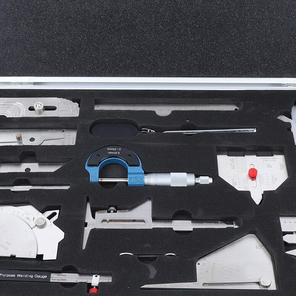 13 Pcs Welding Gauge Tool Kit Gage Weld Inspection Gauge with Easy Carry Suitcase, Stainless Steel Gage Weld Measuring Tools Box with 0-150mm Ruler, Fillet Welding Gauge, Micrometer, Inspection Mirror
