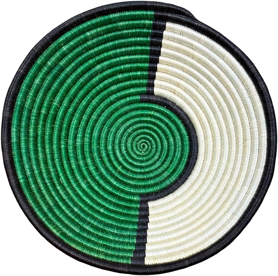 Handwoven African Basket Handmade sisal Fruit Bowl Wall Hanging decorative Baskets for Home Living Room Kitchen Gifts Centerpiece Zen Designs Arts and Crafts (Dark Green Natural, 12in diameter)