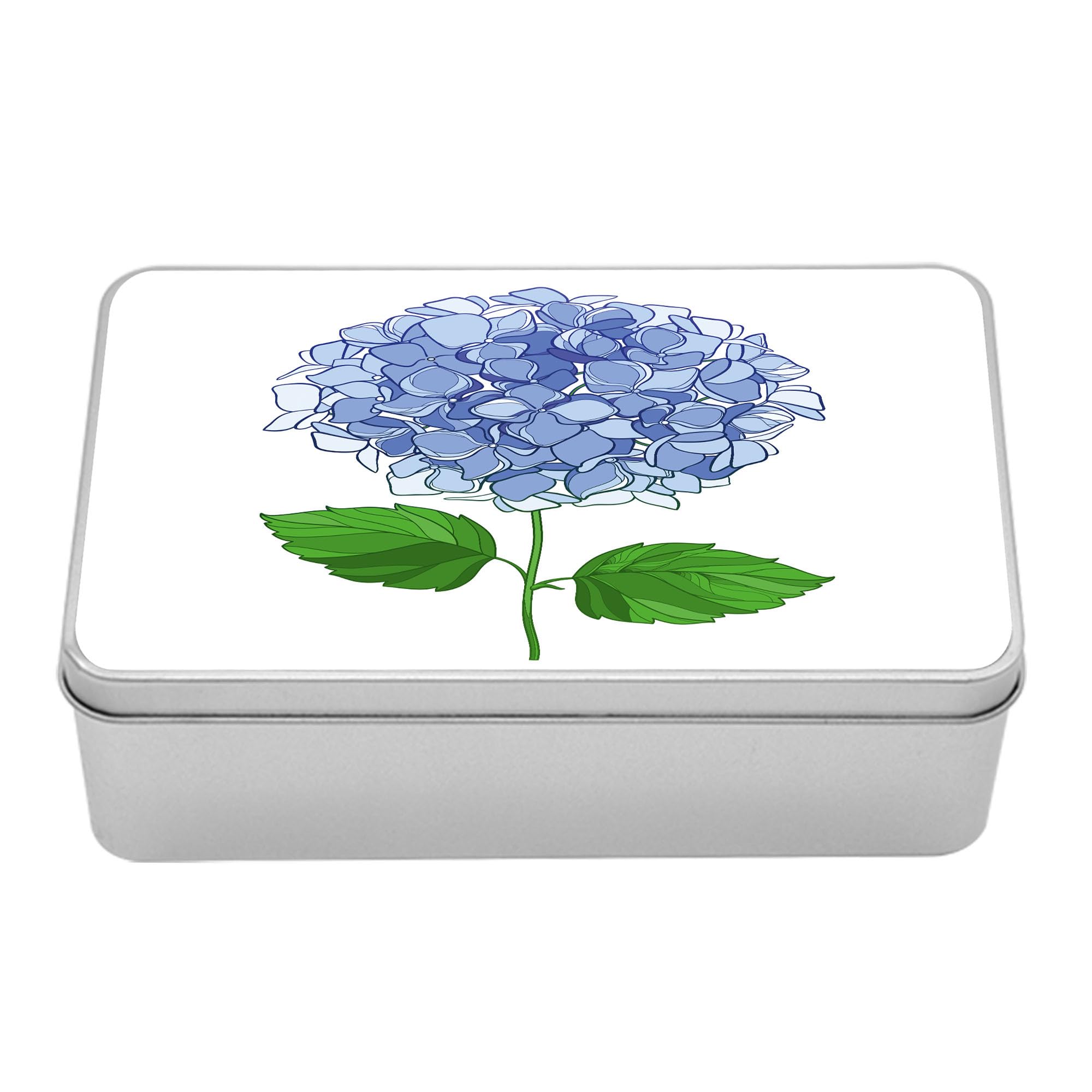 AmbesonneHydrangea Metal Box, Simple Digital Drawn Graphic of Flower Blooms, Multi-Purpose Rectangular Tin Box Container with Lid, 7.2" X 4.7" X 2.2", Pale Azure Blue Dark Ceil Blue Fern Green