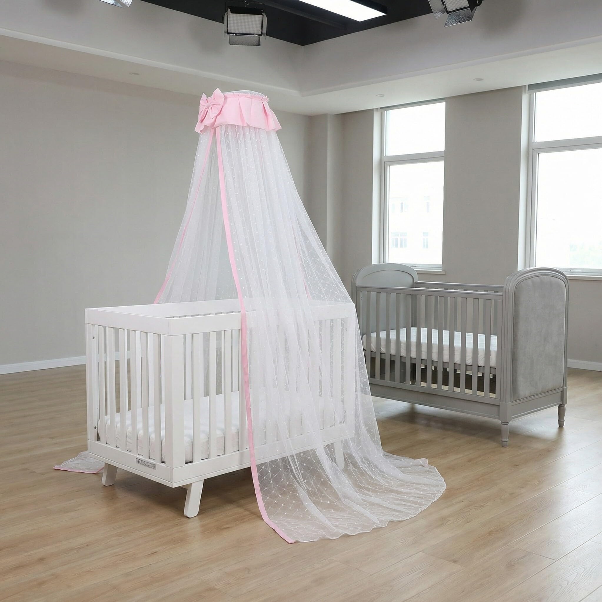 Universelles Clip Design Babymoskitonetz mit Schleifenform für Kinderbett und Krippe Leichtes und Atmungsaktives Material Rosa Farbe Bodenlang für Kinderzimmerdekoration