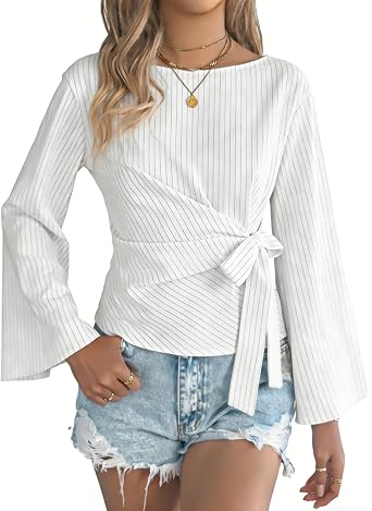 Womens Cropped Stripe Tops Button Down Tie Front Shirts Blouse0465-White-L