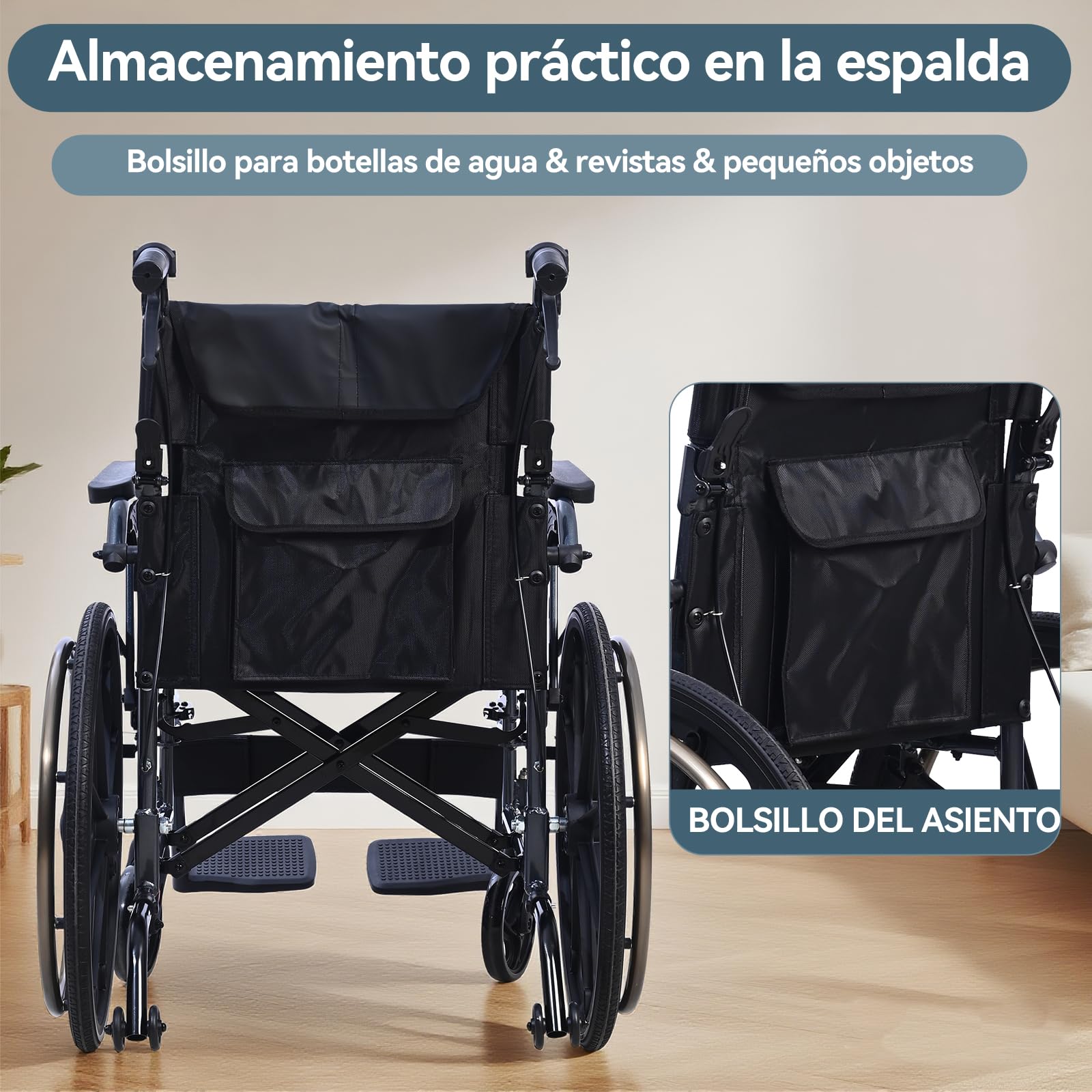 M4 Silla de ruedas plegable autopropulsable para adulto(11KG),asiento ancho 46cm, con reposapiés desmontables, ruedas antivuelco y sistema doble freno, capacidad 100KG,Ideal para cuidado y movilidad