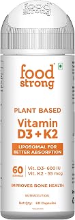 Foodstrong Plant-Based Vitamin D3 + K2 | Liposomal For Better Absorption | 600 IU D3 + 55 MCG K2 | Improves Bone Health | Price In India