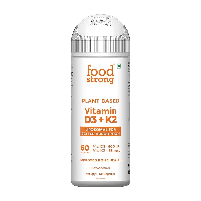 Foodstrong Plant-Based Vitamin D3 + K2 | Liposomal For Better Absorption | 600 IU D3 + 55 MCG K2 | Improves Bone Health | 60 Vegetarian Capsules| 30 Servings