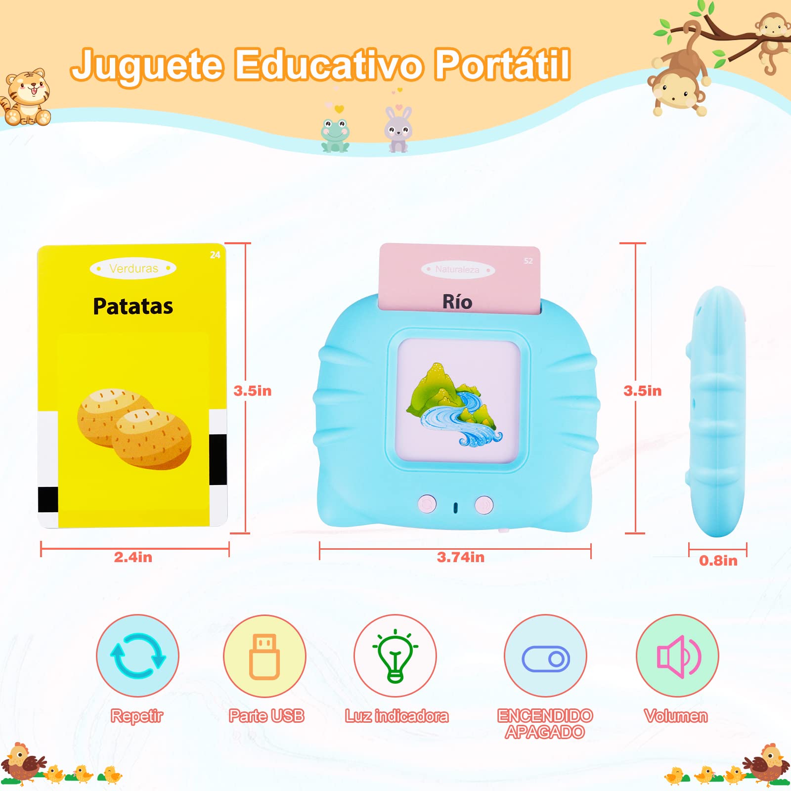 Tarjetas Flash Parlantes Juguetes de Aprendizaje para Niños Pequeños 1-6 Años, 112 Hojas 224 Español Palabras, Juguetes Educativos Audibles, Recurso Preescolar Juguete Interactivo Electrónico - Azul — view 7