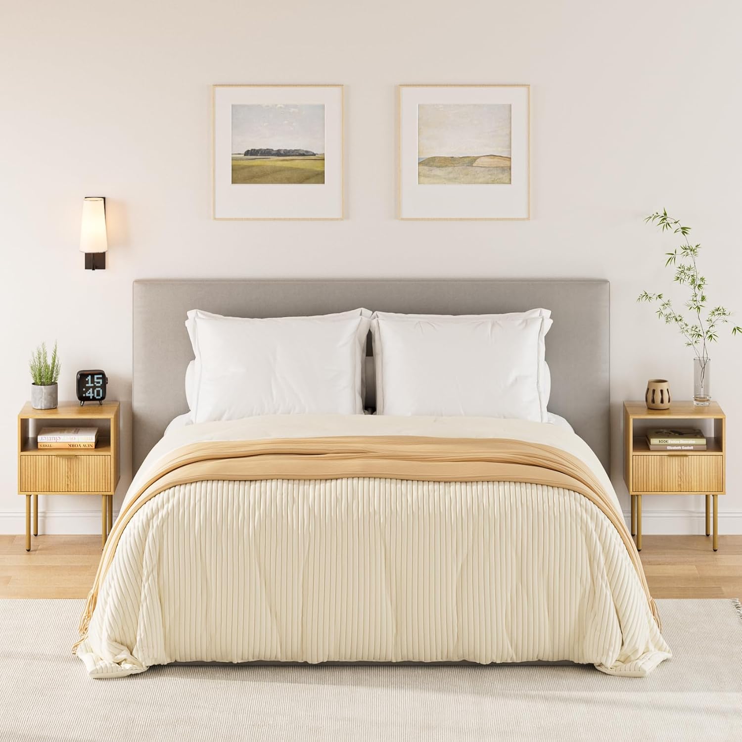 Masupu Night Stand,Mid-Century Modern Bedside Table with Storage Drawer and Open Wood Shelf,Small Gold Frame Side Table for Bedroom,Living Room, Natural