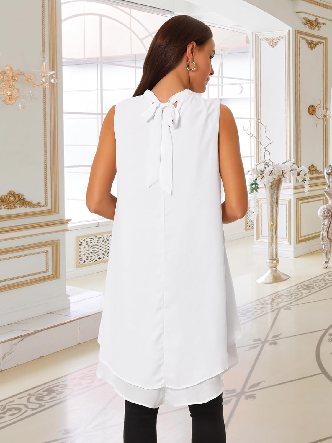 Seta T Women's High Low Tops Mock Neck Chiffon Blouse Tie Back Asymmetrical Sleeveless Shirt Casual Summer Top - Image 6