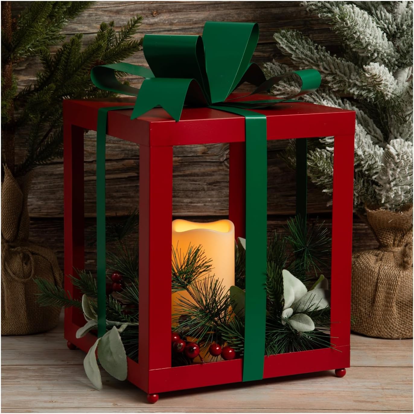 Hobby Lobby Red & Green Metal LED Lantern, Gift Box Design, 13.5 x 9.5 inches