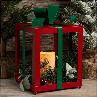 Red & Green Metal LED Lantern, Gift Box Design, 13.5 x 9.5 inches