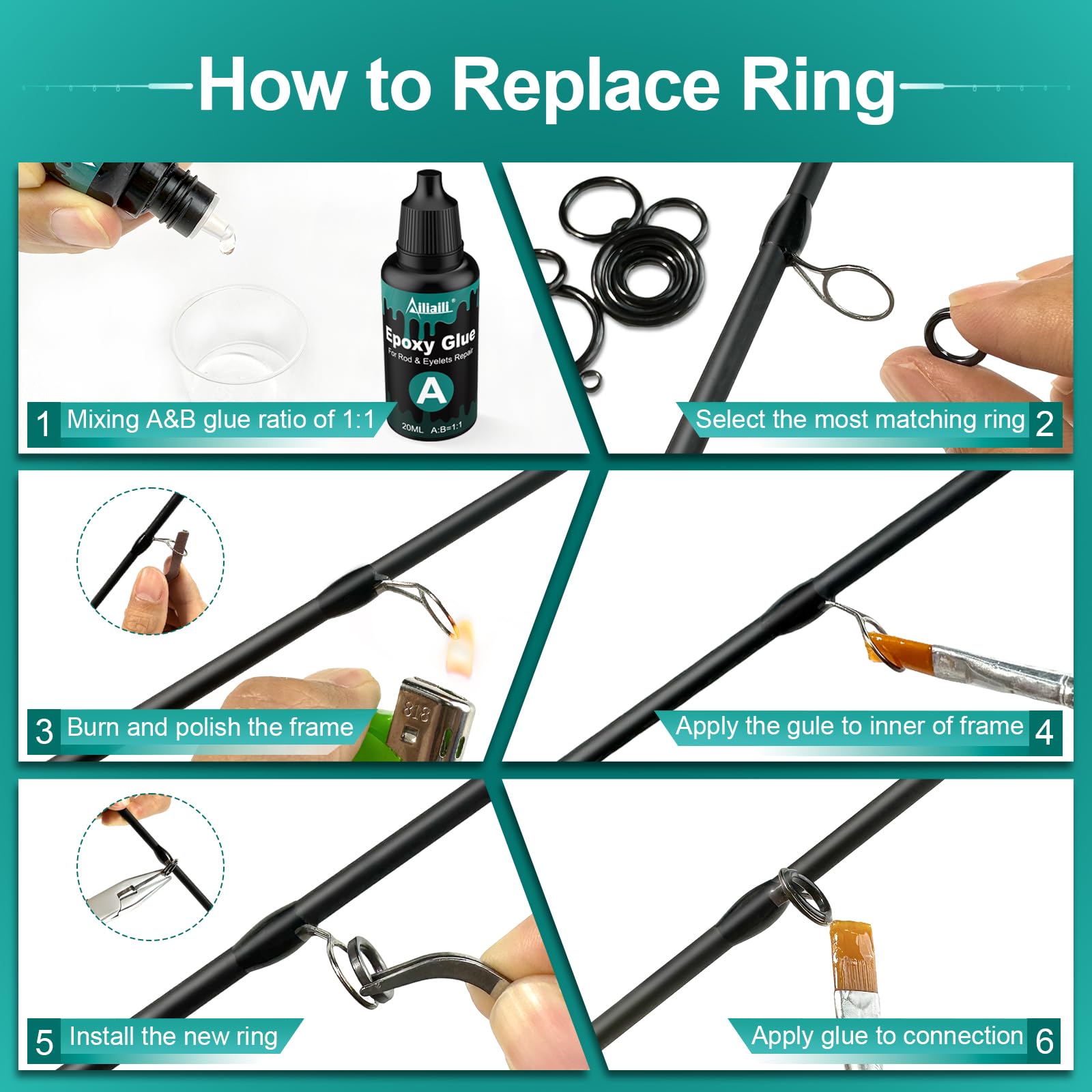 Amazon.com: ailiaili Fishing Rod Repair Kit, Fishing Pole Eyelet Repair -13  Sizes 52Pcs Ceramic Guide Rings for Replacement, Rod Tip Accessories & Gear  | High-Hardness | Low-Friction/w A&B Epoxy Glue Tweezer :