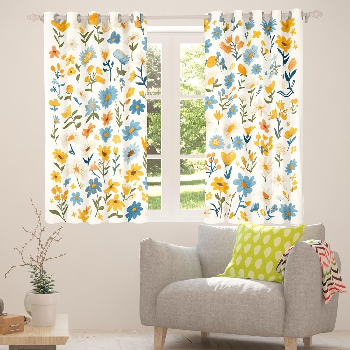 Manfei Groovy Flowers Kids Blackout Curtain,80s 90s Daisy Floral Rustic Farmhouse Window Drapes for Boys Girls,Bohemia Retro Style White Window Treatments Grommet Top 2 Panel Set,52Wx63L inch