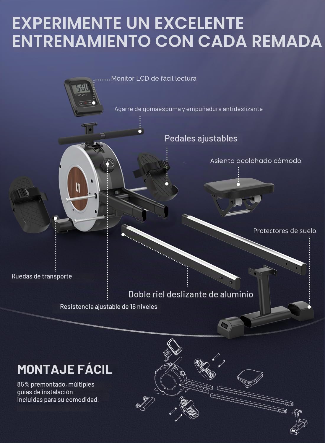 Máquina de Remo Magnética con 16 Niveles de Resistencia Ajustables, Pantalla LCD, Dos Raíles Deslizantes, Almacenamiento Vertical Que Ahorra Espacio, Fácil Montaje
