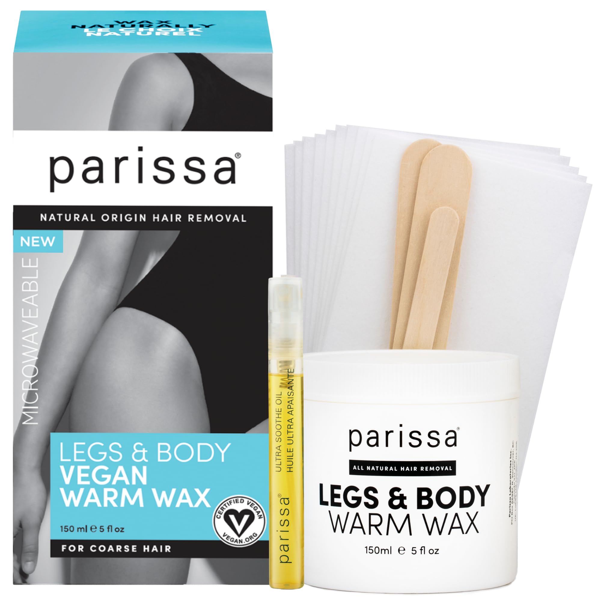 Microwavable Warm Wax Kit | Vegan, Salon-Quality Formula for Coarse Hair on Legs & Body | 5 fl oz (150 ml)