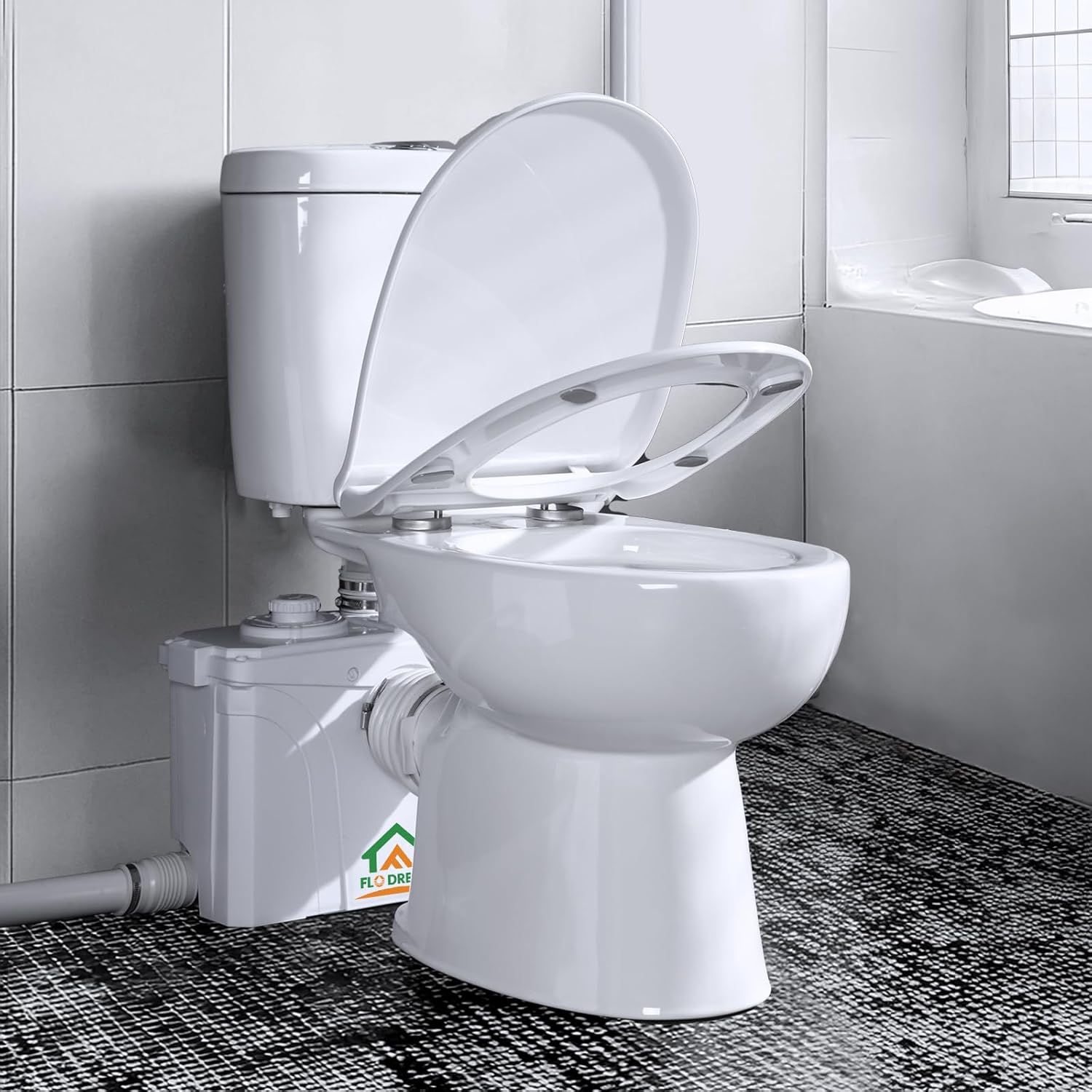 500W Two-Piece Upflush Macerating Toilet for Basement with Elongated Bowl & Extension Pipe